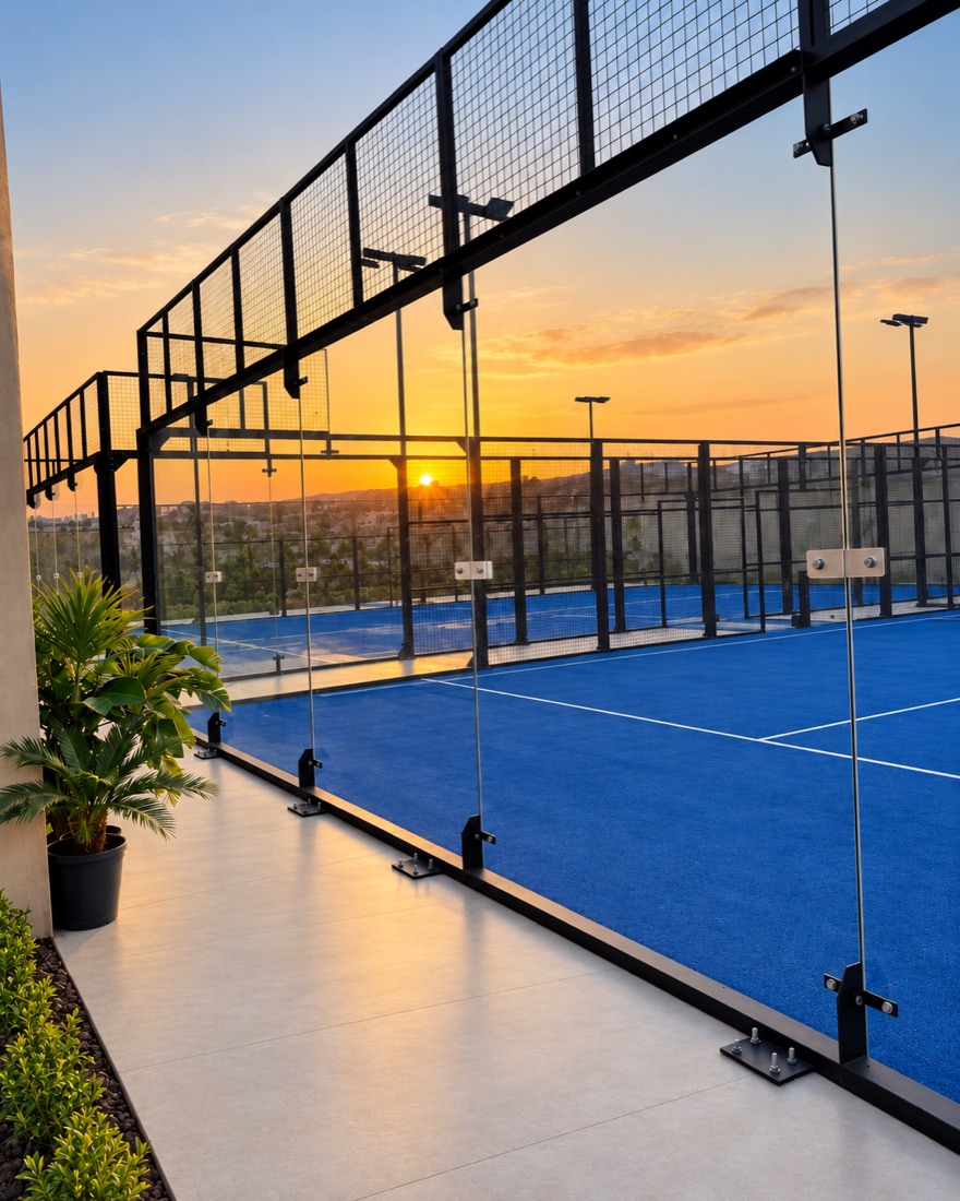 Glass padel courts with the sun setting behind them