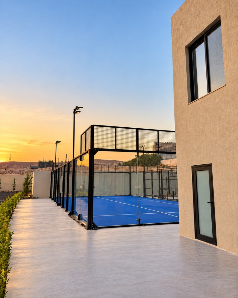 Padel court with blue turf and floodlights beside the building